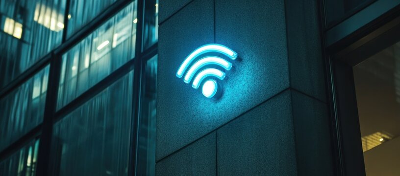 Glowing Wifi Symbol on Modern Building at Night