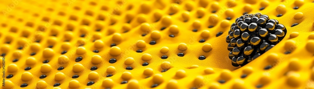 Poster dynamic close-up of textured yellow surface with black sphere abstract concept macro photography vib