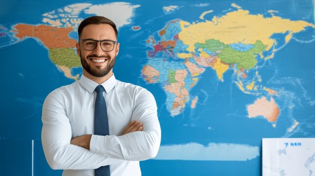 Happy Travel Agent With World Map - Smiling travel agent stands confidently in front of a world map, ready to help plan your next adventure