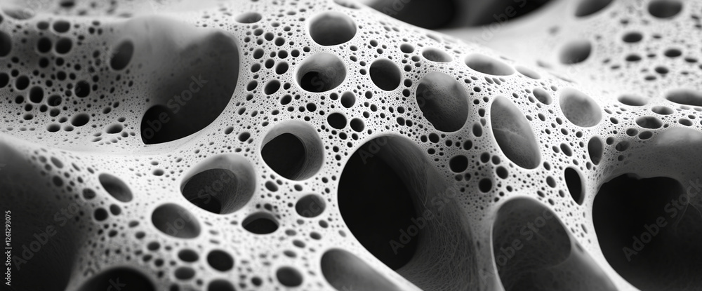 Poster close-up of a porous, abstract surface with intricate, circular holes, representing complexity, stru