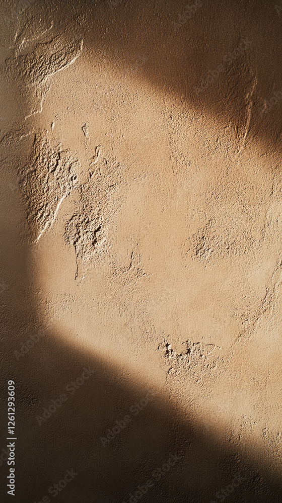 Poster close-up of textured light brown wall with natural rough patterns, with soft light casting shadows, 