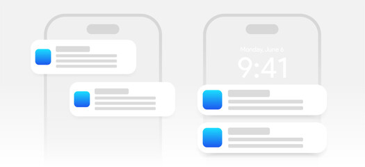 Mobile push notification template. minimal iphone message alert mock-up. App notification pop-up interface. Mobile screen layout. User communication window. Chat text box bubble. Vector illustration