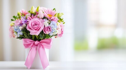 Lovely Pink Flower Bouquet in Gift Box - Beautiful pink and purple flowers arranged in a white box with a pink ribbon, perfect for gifts or celebrations