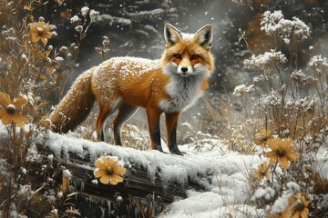 Red fox in snowy forest, winter flowers, calm scene, nature print