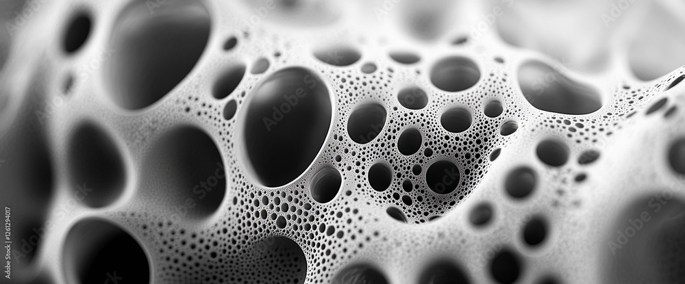 Aufkleber Close-up of abstract porous texture with circular voids and intricate patterns, emphasizing the fluidity and structure of organic forms in black and white.