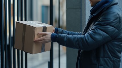 Courier Handing Package to Customer at Residential Building's Front Gate: Illustrating Secure Delivery and Customer Interaction in Gated Communities for Residential Properties