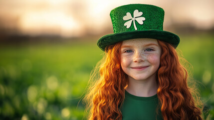 Fototapeta premium Smiling redhead little girl in green with shamrock hat celebrating St. Patrick's Day outdoors in green field.
