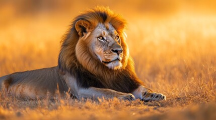 Obraz premium Majestic Lion Resting in Golden Grasslands at Sunset in Africa