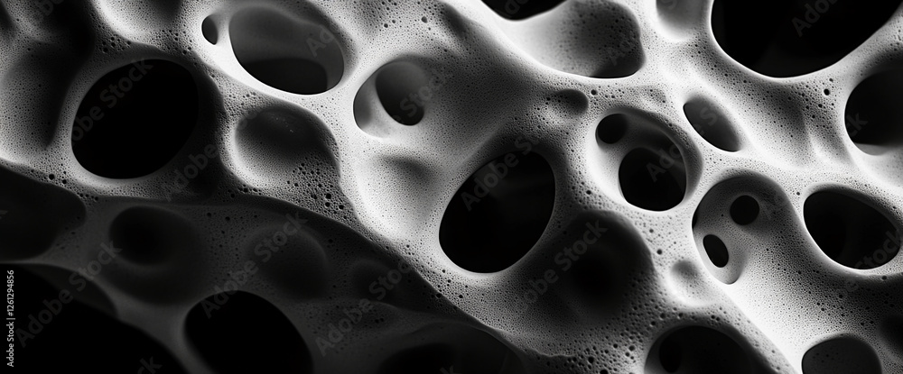 Aufkleber close-up of porous abstract surface with intricate circular holes, showcasing a textured black-and-w