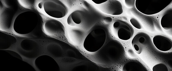 Obraz premium Close-up of porous abstract surface with intricate circular holes, showcasing a textured black-and-white pattern, symbolizing organic design and structure.