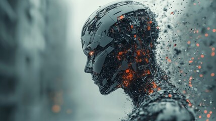 An AI-generated artwork depicting a fusion of human and machine elements, highlighting the symbiosis and conflict between technology and humanity.