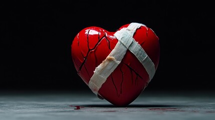 Mending a Broken Heart - A red heart, cracked and mended with white bandages, sits on a dark surface, symbolizing heartbreak and healing