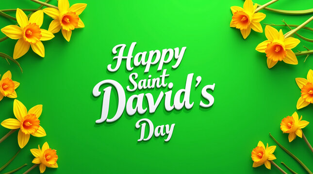 Happy St David’s Day Greeting Card with Real Daffodils on a Green Background for Wales Celebration