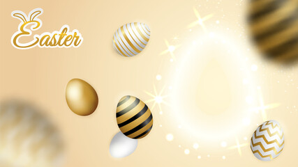 Happy easter celebration. Golden, white and black easter egg on soft gold background. light and shadow. Vector.