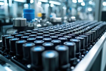 Obraz premium Lithium-ion battery cells neatly arranged in trays during production.