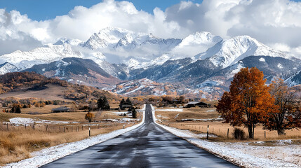 Scenic autumn road to snowy mountains