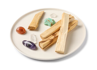 Palo santo sticks and gemstones isolated on white