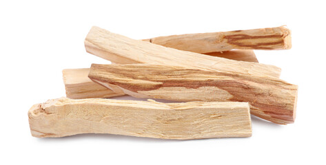 Pile of palo santo sticks on white background