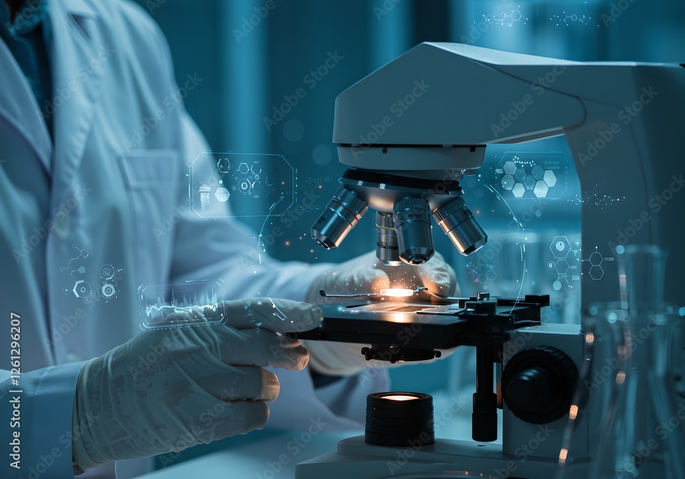 Poster scientific research in futuristic laboratory: man using advanced microscope with holographic display