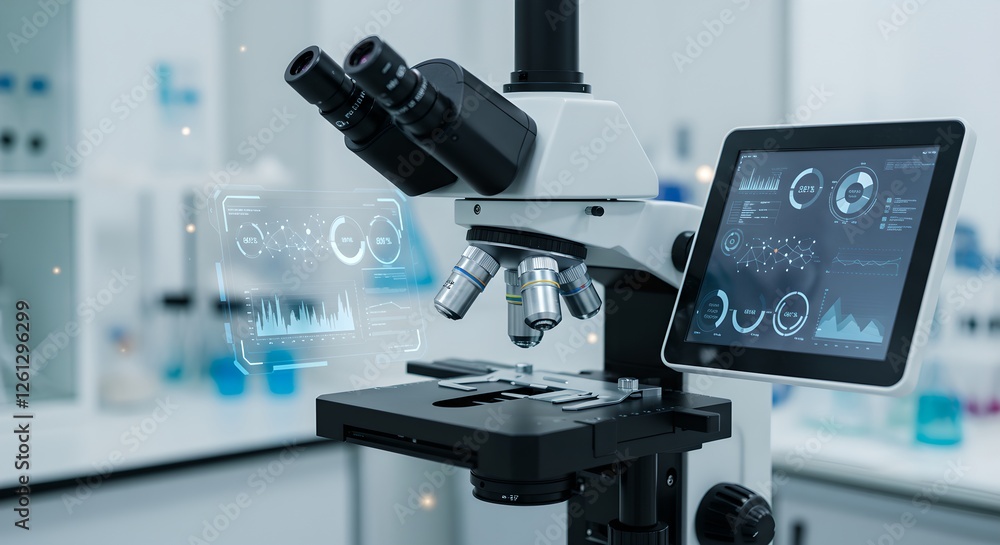 Poster modern laboratory microscope with digital tablet displaying data. advanced medical research technolo