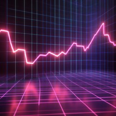 Naklejka premium Neon pink line graph rising on dark grid background.