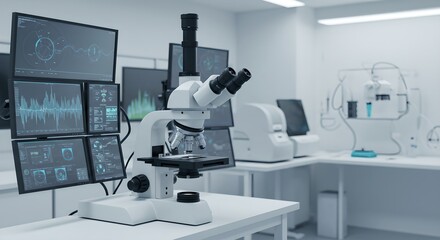 Modern laboratory equipment with microscope and digital displays. Scientific research facility for medical and technological innovation. Future of healthcare analysis.