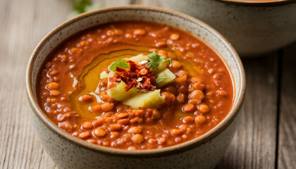 Bowl of thick spicy lentil soup with vegetable chunks, chili flakes, and olive oil on wooden surface