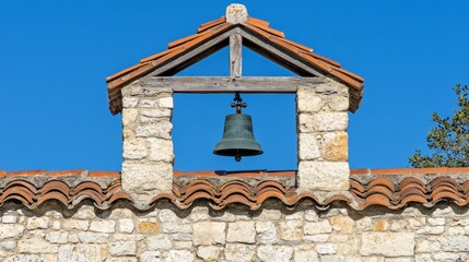Old stone wall with hanging bell against clear blue sky