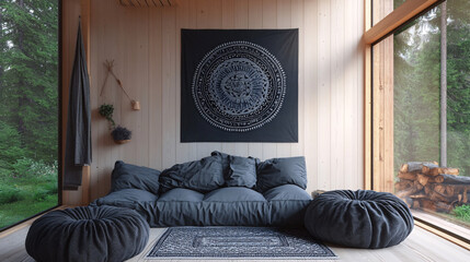 Cozy cabin interior with a comfortable grey sofa, circular wall tapestry, and a scenic forest view.
