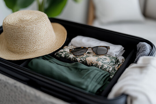 A close-up of an open suitcase with neatly packed essentials for a warm-weather getaway