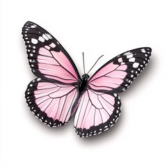 Fototapeta premium Delicate pink butterfly with black and white patterned wings, isolated on a clean white background.