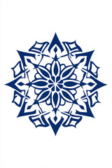 A symmetrical, stylized, navy blue floral or snowflake-like design against a white background.
