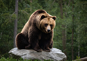 Fototapeta premium A large brown bear sits atop a rocky outcropping, gazing into the distance with a contemplative expression. The forest around it is lush and green, suggesting a serene, natural habitat.