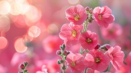 A banner design featuring diascia flowers on a soft pink background with a circle bokeh effect, perfect for spring