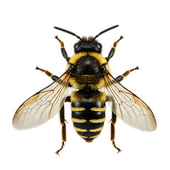 A bee is centered against a white background, showcasing black and yellow stripes. Its wings are visible, antennae extended, and legs folded beneath its body as it faces the camera directly