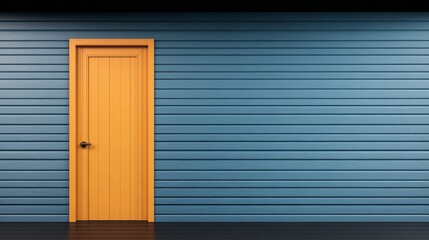 Fototapeta premium Orange Door on Blue Wall - A single orange door stands out against a blue wall, creating a simple yet striking . Perfect for design and architecture projects