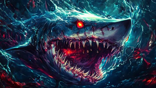 Glowing Red Eyed Shark in Dark Blue Water Currents