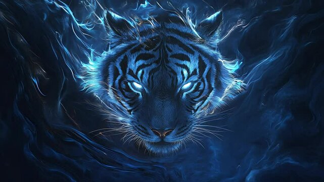 Mystical Blue Tiger Emerging from Water