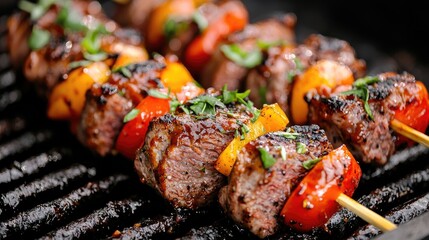 Grilled skewers of meat and vegetables on grill. Close-up view of food. Possible use food photography