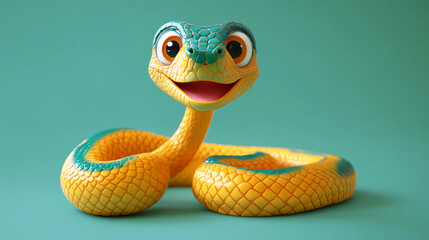Fototapeta premium A colorful cartoon snake with a happy face, featuring bright yellow and green scales, lying on a teal background. The image represents fun, joy, and animation in a playful style.