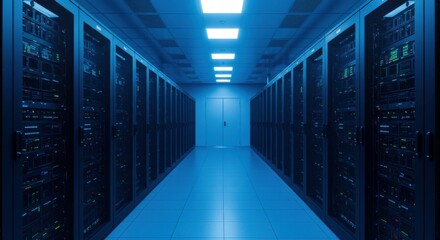 A next-generation data center with blue-lit server infrastructure, emphasizing cloud technology.
