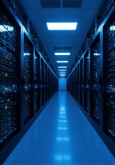 Fototapeta premium A high-performance computing facility with glowing server units and cutting-edge technology. 