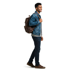 Naklejka premium Side view of a young man walking with a backpack, wearing casual clothes, showcasing confidence as a commuter, isolated on a white background for a sleek, modern look, isolate white background