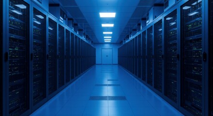 A digital fortress filled with synchronized server units, radiating blue cyber glow.
