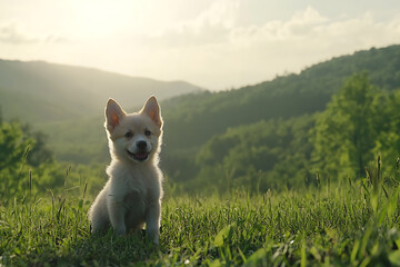 A playful puppy runs across a lush green field, full of energy and excitement. 