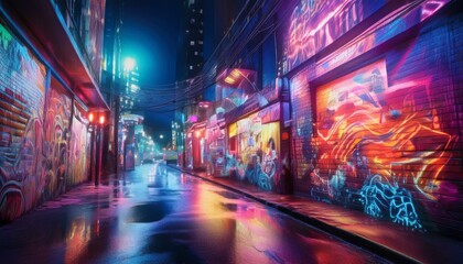 Neon graffiti in city street at night