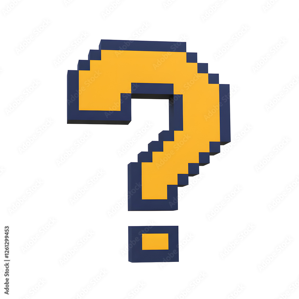 Poster retro gaming-style question mark in pixel art, a pixelated faq icon reminiscent of classic 8-bit gam