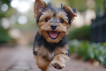 A playful puppy runs across a lush green field, full of energy and excitement. 