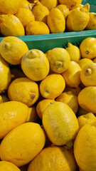 Sale of lemons in a supermarket. Citrus fruits in plastic boxes, close-up. Lemons in a store. Ripe, juicy, bright yellow lemons. A pile of lemons for sale at the market