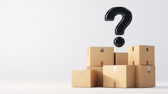 Question Mark Over Cardboard Boxes Delivery - Uncertainty, delivery, logistics, questioning, shipment. Concept symbolizes confusion about a package, query regarding order status